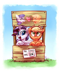 Size: 3500x4200 | Tagged: safe, artist:whitediamonds, character:applejack, character:rarity, ship:rarijack, episode:made in manehattan, g4, my little pony: friendship is magic, booth, cute, female, friendship advice, heart, lesbian, looking at you, looking up, lucy's advice booth, open mouth, peanuts, rarijack daily, reference, shipping, smiling