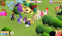 Size: 1024x600 | Tagged: safe, gameloft, screencap, character:applejack, character:fluttershy, character:pinkie pie, character:rainbow dash, character:rarity, character:star swirl the bearded, character:twilight sparkle, character:twilight sparkle (alicorn), species:alicorn, species:pony, animal costume, bunny ears, bunny suit, bunnyshy, camp, chicken pie, chicken suit, clothing, costume, everfree forest, female, game screencap, mane six, mare, nightmare night, nightmare night rarity, raribat, scarecrow, shadowbolt dash, shadowbolts, shadowbolts costume, turkish, vampire