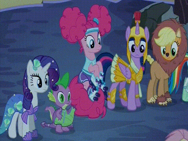 Size: 640x480 | Tagged: safe, screencap, character:applejack, character:fluttershy, character:pinkie pie, character:rainbow dash, character:rarity, character:spike, character:twilight sparkle, character:twilight sparkle (alicorn), species:alicorn, species:pony, episode:scare master, g4, my little pony: friendship is magic, animated, applelion, astrodash, astronaut, athena sparkle, bouncing, clothing, costume, female, mare, mermarity, pinkie puffs, roller skates, shorts, skirt, space suit