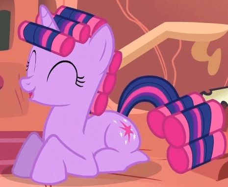 Size: 465x382 | Tagged: safe, screencap, character:twilight sparkle, character:twilight sparkle (unicorn), species:pony, species:unicorn, episode:look before you sleep, g4, my little pony: friendship is magic, animated, cute, eyes closed, female, gif, golden oaks library, hair curlers, lying down, mare, prone, smiling, solo, twiabetes