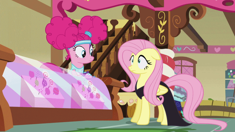 Size: 800x450 | Tagged: safe, screencap, character:fluttershy, character:pinkie pie, episode:scare master, g4, my little pony: friendship is magic, animated, clothing, costume, nightmare night, nightmare night costume, pinkie puffs, roller skates, sugarcube corner