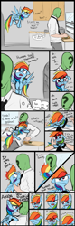 Size: 842x2548 | Tagged: safe, artist:mostazathy, edit, character:rainbow dash, oc, oc:anon, species:human, species:pony, episode:tanks for the memories, g4, my little pony: friendship is magic, bad joke, color edit, colored, comic, crying, cute, dashabetes, death stare, feels, floppy ears, frown, glomp, hibernation, holding a pony, hug, knife, madorable, sad, tsunderainbow, tsundere, unamused, vulgar