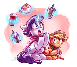 Size: 4000x3500 | Tagged: safe, artist:whitediamonds, character:applejack, character:rarity, species:earth pony, species:pony, species:unicorn, ship:rarijack, caffeine, cappuccino, clothing, coffee, cup, cute, drink, female, hat, lesbian, levitation, magic, open mouth, raribetes, rarijack daily, scarf, shipping, smiling, starbucks, sweat, sweatdrop, telekinesis, this will end in weight gain, underhoof, wavy mouth