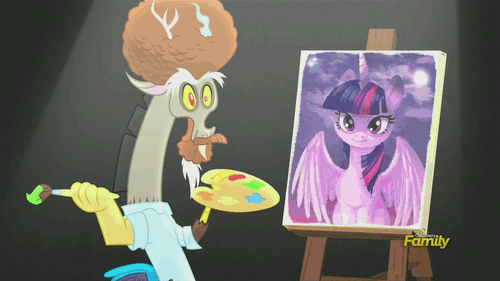 Size: 500x281 | Tagged: safe, screencap, character:discord, character:twilight sparkle, character:twilight sparkle (alicorn), species:alicorn, species:pony, episode:what about discord?, g4, my little pony: friendship is magic, animated, bob ross, brush, canvas, discord's painting, discovery family, discovery family logo, draconiross, easel, exploitable meme, female, mare, meme, painting, palette, parody