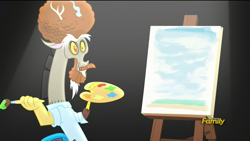 Size: 1280x720 | Tagged: safe, screencap, character:discord, episode:what about discord?, g4, my little pony: friendship is magic, beach, bob ross, discord's painting, discovery family logo, draconiross, exploitable meme, meme, painting