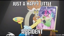 Size: 1000x564 | Tagged: safe, screencap, character:discord, episode:what about discord?, g4, my little pony: friendship is magic, bob ross, discovery family logo, draconiross, image macro, meme, painting, quote