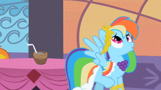 Size: 325x183 | Tagged: safe, screencap, character:rainbow dash, episode:the best night ever, g4, my little pony: friendship is magic, animated, catching, clothing, dress, drink, drinking straw, gala dress, kicking, solo