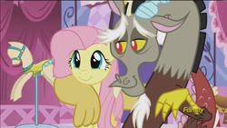 Size: 1334x750 | Tagged: safe, screencap, character:discord, character:fluttershy, species:draconequus, species:pegasus, species:pony, episode:what about discord?, g4, my little pony: friendship is magic, carousel boutique, cute, discovery family logo, discute, mannequin, shyabetes