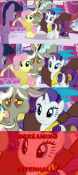 Size: 1920x4308 | Tagged: safe, screencap, character:discord, character:fluttershy, character:rarity, character:twilight sparkle, character:twilight sparkle (alicorn), species:alicorn, species:pony, episode:what about discord?, g4, my little pony: friendship is magic, female, mare, meme, screaming, screencap comic, smiling, x internally