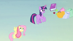 Size: 1366x768 | Tagged: safe, screencap, character:fluttershy, character:twilight sparkle, character:twilight sparkle (alicorn), species:alicorn, species:pony, episode:the hooffields and mccolts, g4, my little pony: friendship is magic, animation error, apple, book, duo, female, food, magic, mare, pegasus wings, pumpkin, punkin chunkin