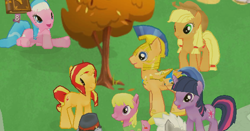 Size: 578x302 | Tagged: safe, gameloft, screencap, character:aloe, character:applejack, character:cherry berry, character:flash sentry, character:sunset shimmer, character:twilight sparkle, species:pony, ship:flashimmer, female, love triangle, male, mobile game, shipping, straight