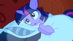 Size: 1280x720 | Tagged: safe, screencap, character:twilight sparkle, episode:friendship is magic, g4, my little pony: friendship is magic, bed, floppy ears, holding, lying down, moonlight, night, pillow, sad, scared, side, solo
