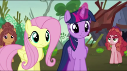 Size: 1911x1079 | Tagged: safe, screencap, character:fluttershy, character:twilight sparkle, character:twilight sparkle (alicorn), species:alicorn, species:pony, episode:the hooffields and mccolts, g4, my little pony: friendship is magic, :s, female, hooffield family, mare, tree h. hooffield, trowel hooffield, wavy mouth