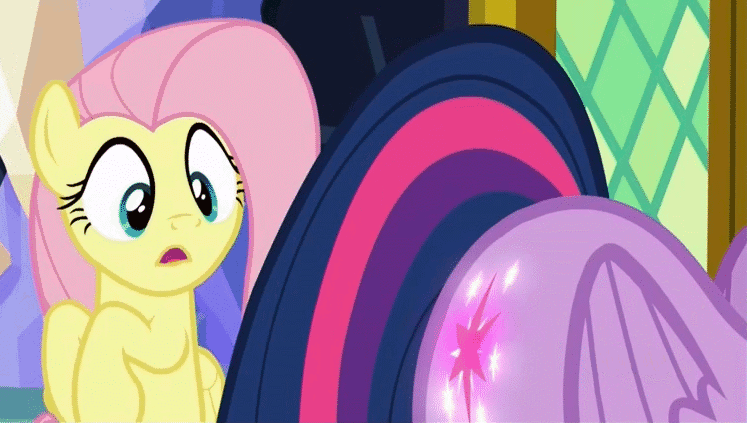 Size: 747x423 | Tagged: safe, screencap, character:fluttershy, character:twilight sparkle, character:twilight sparkle (alicorn), species:alicorn, species:pony, episode:the hooffields and mccolts, g4, my little pony: friendship is magic, animated, booty call, eyes on the prize, female, glowing cutie mark, mare, out of context, plot