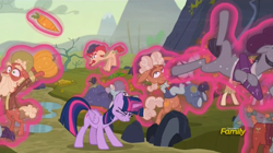 Size: 1904x1067 | Tagged: safe, screencap, character:hacksaw mccolt, character:hilly hooffield, character:twilight sparkle, character:twilight sparkle (alicorn), species:alicorn, species:earth pony, species:pony, episode:the hooffields and mccolts, g4, my little pony: friendship is magic, big daddy mccolt, burdock hooffield, buzzard hooffield, buzzsaw mccolt, carrot, clothing, discovery family logo, eyes closed, female, fight, floppy ears, food, freeze spell, hacksaw mccolt, hooffield family, leadnail mccolt, levitation, ma hooffield, magic, magic aura, male, mare, mccolt family, pumpkin, sprig hooffield, stallion, telekinesis