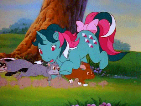 Size: 450x338 | Tagged: safe, screencap, character:fizzy, species:pony, species:rabbit, species:twinkle eyed pony, species:unicorn, g1, my little pony: the movie (1986), animal, animated, bow, female, mare, mouse, raccoon, skunk, squirrel, stampede, tail bow