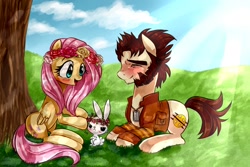 Size: 1500x1000 | Tagged: safe, artist:zorbitas, character:angel bunny, character:fluttershy, crepuscular rays, dog tags, duo, floral head wreath, flower, logan, ponified, tree, under the tree, wolverine, wreath, x-men