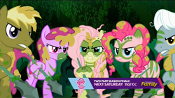 Size: 1920x1080 | Tagged: safe, screencap, character:berry punch, character:berryshine, character:coco crusoe, character:fluttershy, character:pinkie pie, character:royal riff, episode:the cutie re-mark, camouflage, chrysalis resistance timeline, discovery family logo, spear, tribal, tribal pie, tribalshy, weapon