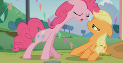 Size: 1856x961 | Tagged: safe, screencap, character:applejack, character:pinkie pie, episode:the mane attraction, g4, my little pony: friendship is magic, animation error, discovery family logo, fifth leg, great moments in animation, long neck