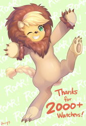 Size: 613x900 | Tagged: safe, artist:amy30535, character:applejack, animal costume, applelion, clothing, costume, cute, followers, grin, jackabetes, one eye closed, solo, wink