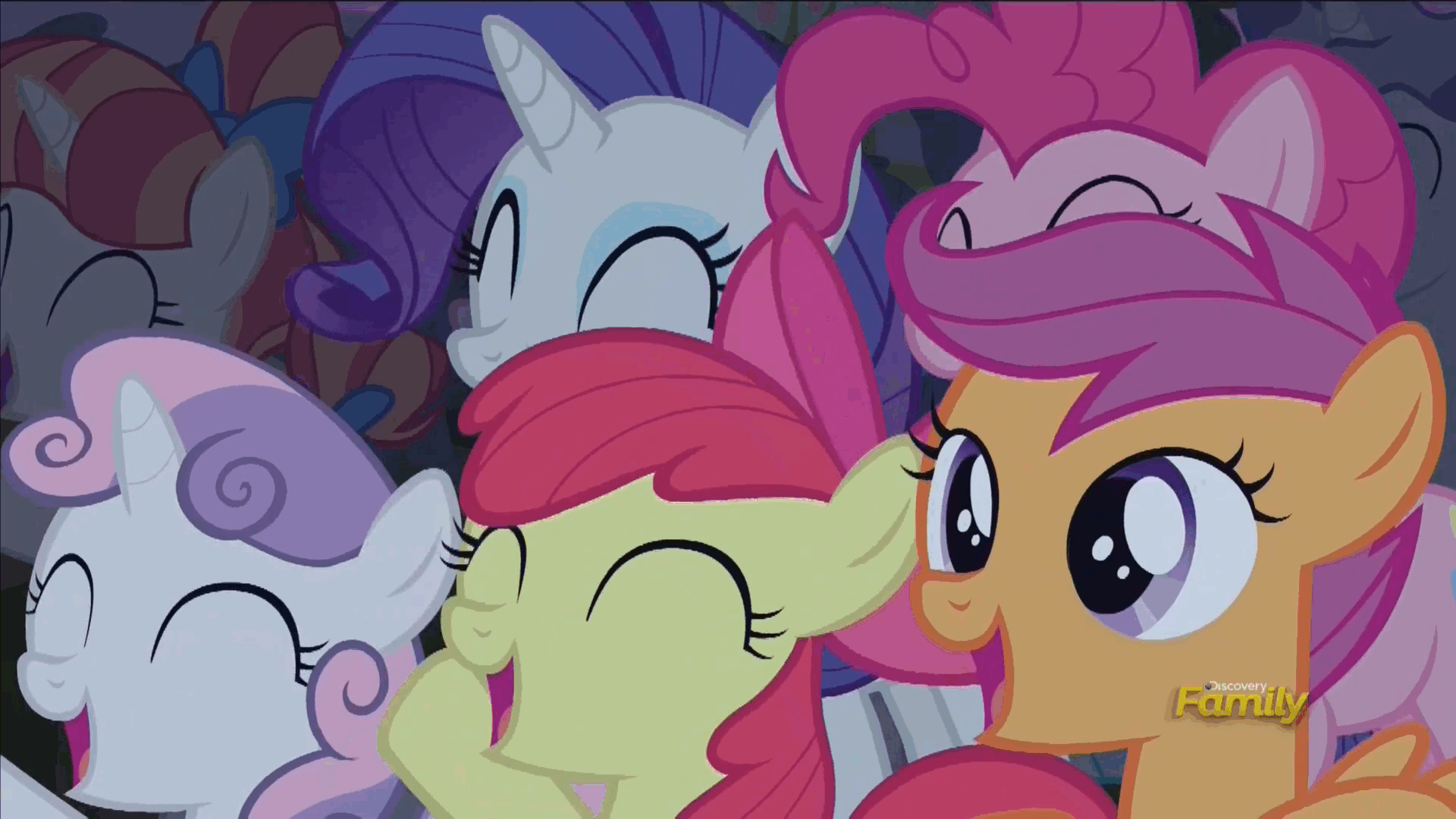 Size: 1920x1080 | Tagged: safe, screencap, character:apple bloom, character:pinkie pie, character:rainbow stars, character:rarity, character:scootaloo, character:star bright, character:sweetie belle, character:tender brush, species:pegasus, species:pony, episode:the mane attraction, g4, my little pony: friendship is magic, animated, cheering, cutie mark crusaders, discovery family logo, headbob, loop