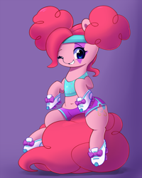 Size: 1000x1250 | Tagged: safe, artist:joyfulinsanity, character:pinkie pie, episode:scare master, g4, my little pony: friendship is magic, belly button, clothing, costume, grin, midriff, nightmare night costume, pinkie puffs, roller skates, shorts, solo, wink