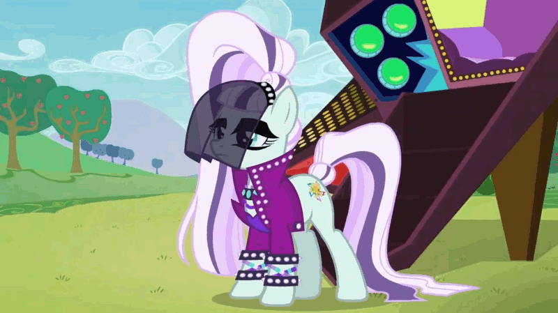 Size: 800x449 | Tagged: safe, screencap, character:coloratura, character:countess coloratura, species:earth pony, species:pony, episode:the mane attraction, g4, my little pony: friendship is magic, animated, arrogant, blinking, celebrity, choker, clothing, cuffs (clothes), eyeliner, fabulous, female, frown, graceful, hair flip (action), jacket, makeup, mane flip, mare, ponytail, pop star, solo, stupid sexy coloratura, veil