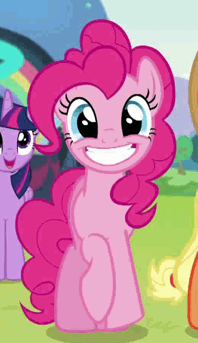 Size: 400x690 | Tagged: safe, screencap, character:applejack, character:pinkie pie, character:twilight sparkle, character:twilight sparkle (alicorn), species:alicorn, species:pony, episode:the mane attraction, g4, my little pony: friendship is magic, animated, cute, diapinkes, excited, female, mare, prancing