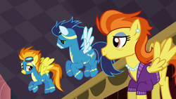 Size: 640x360 | Tagged: safe, screencap, character:soarin', character:spitfire, character:stormy flare, species:pegasus, species:pony, episode:rarity investigates, g4, my little pony: friendship is magic, clothing, eye contact, female, flying, male, mare, stallion, uniform, wonderbolts uniform