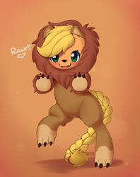 Size: 1000x1264 | Tagged: safe, artist:joyfulinsanity, character:applejack, applelion, clothing, costume, cute, fangs, looking at you, rearing, solo