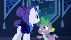 Size: 1920x1080 | Tagged: safe, screencap, character:rarity, character:spike, episode:the cutie re-mark, bun, female, male, night maid rarity, nightmare takeover timeline