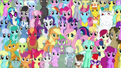 Size: 1920x1080 | Tagged: safe, screencap, character:aloe, character:amethyst star, character:apple bloom, character:applejack, character:berry punch, character:berryshine, character:big mcintosh, character:bon bon, character:bulk biceps, character:carrot cake, character:carrot top, character:cheerilee, character:cloudchaser, character:cup cake, character:daisy, character:derpy hooves, character:diamond tiara, character:dj pon-3, character:doctor whooves, character:flitter, character:fluttershy, character:golden harvest, character:granny smith, character:lemon hearts, character:lily, character:lily valley, character:linky, character:lotus blossom, character:lyra heartstrings, character:mayor mare, character:minuette, character:octavia melody, character:pinkie pie, character:pipsqueak, character:pokey pierce, character:pound cake, character:pumpkin cake, character:rainbow dash, character:rarity, character:roseluck, character:sassaflash, character:scootaloo, character:sea swirl, character:shoeshine, character:silver spoon, character:snails, character:snips, character:sparkler, character:spike, character:spring melody, character:sprinkle medley, character:starlight glimmer, character:sunshower raindrops, character:sweetie belle, character:sweetie drops, character:thunderlane, character:time turner, character:twilight sparkle, character:twilight sparkle (alicorn), character:twinkleshine, character:twist, character:vinyl scratch, species:alicorn, species:dragon, species:earth pony, species:pegasus, species:pony, species:unicorn, episode:the cutie re-mark, background six, bow tie, c:, cake family, clothing, colt, cowboy hat, cutie mark crusaders, derp, everypony, everypony at s5's finale, female, filly, flower trio, friends are always there for you, glasses, grin, group photo, happy ending, hat, implied doctorrose, looking at you, male, mane seven, mane six, mare, ponies standing next to each other, s5 starlight, smiling, spa twins, stallion, sunglasses, wall of tags