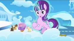 Size: 1920x1080 | Tagged: safe, screencap, character:dumbbell, character:fluttershy, character:hoops, character:rainbow dash, character:starlight glimmer, episode:the cutie re-mark, discovery family logo, levitation, magic, s5 starlight, self-levitation, starlight says bravo, telekinesis