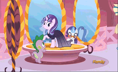 Size: 400x244 | Tagged: safe, screencap, character:rarity, character:spike, character:starlight glimmer, episode:the cutie re-mark, animated, carousel boutique, clothing, diamond, discovery family logo, dress, friends are always there for you, jewels, mirror