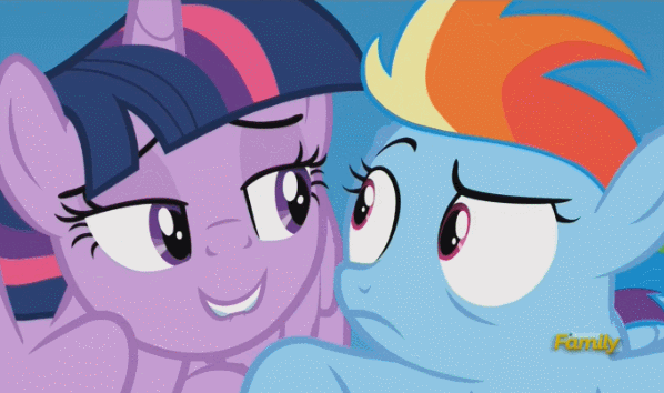 Size: 598x354 | Tagged: safe, screencap, character:rainbow dash, character:twilight sparkle, character:twilight sparkle (alicorn), species:alicorn, species:pony, episode:the cutie re-mark, animated, discovery family logo, eye contact, eyebrow wiggle, eyelashes, female, filly, filly rainbow dash, flying, frown, grin, i need an adult, lidded eyes, lip bite, mare, out of context, raised eyebrow, smiling, stranger danger, this will end in jail time, this will end in timeline distortion, twilest dashle, wide eyes