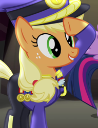 Size: 550x720 | Tagged: safe, screencap, character:applejack, character:twilight sparkle, character:twilight sparkle (alicorn), species:alicorn, species:pony, episode:testing testing 1-2-3, g4, my little pony: friendship is magic, ancient wonderbolts uniform, clothing, colonel purple dart, costume, cropped, female, hat, mare, outfit catalog, salute, uniform
