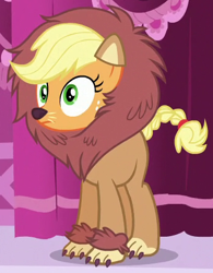 Size: 346x443 | Tagged: safe, screencap, character:applejack, species:pony, episode:scare master, g4, my little pony: friendship is magic, animal costume, applelion, big cat, braided tail, clothing, costume, female, lion, mare, outfit catalog, solo