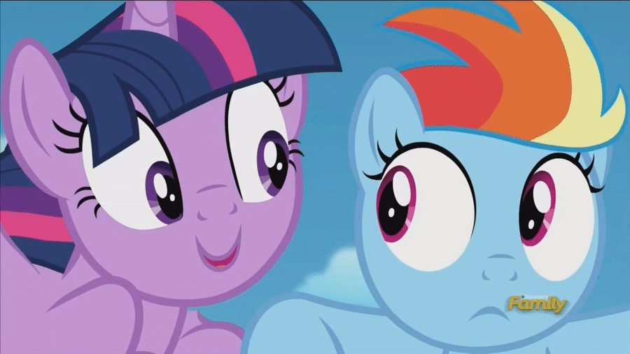 Size: 900x506 | Tagged: safe, screencap, character:rainbow dash, character:twilight sparkle, character:twilight sparkle (alicorn), species:alicorn, species:pony, episode:the cutie re-mark, animated, discovery family logo, female, filly, filly rainbow dash, i am an adult, i need an adult, it makes sense in context, lidded eyes, makes just as much sense in context, mare, not creepy, out of context, rainbow dash is best facemaker, stranger danger, this will end in jail time, twilest dashle, younger