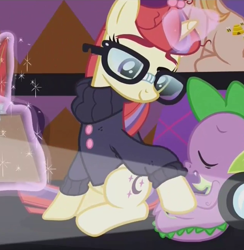Size: 636x652 | Tagged: safe, screencap, character:honey lemon, character:moondancer, character:spike, species:dragon, species:pony, species:unicorn, episode:the cutie re-mark, cute, dancerbetes, eyes closed, fangs, female, glowing horn, lecture, magic, male, mare, open mouth, projector, sitting, sleeping, smiling, snoring, spikabetes, spikelove, telekinesis