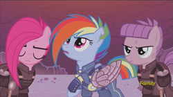 Size: 1365x766 | Tagged: safe, screencap, character:maud pie, character:pinkamena diane pie, character:pinkie pie, character:rainbow dash, episode:the cutie re-mark, alternate timeline, amputee, apinkalypse pie, apocalypse dash, apocalypse maud, armor, artificial wings, augmented, clothing, crystal war timeline, discovery family logo, prosthetic limb, prosthetic wing, prosthetics, scar, short tail, torn ear, uniform, wings