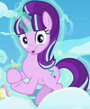 Size: 304x367 | Tagged: safe, screencap, character:fluttershy, character:starlight glimmer, species:pony, species:unicorn, episode:the cutie re-mark, 8^y, animated, clapping, cute, female, floating, flying, funny, glimmerbetes, glowing horn, horn, levitation, looking at you, magic, mare, reaction image, sarcasm, self-levitation, smiling, starlight says bravo, telekinesis, wide eyes