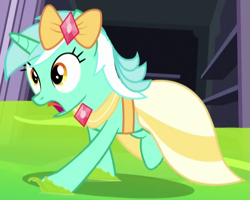 Size: 585x468 | Tagged: safe, screencap, character:lyra heartstrings, character:smooze, episode:make new friends but keep discord, g4, my little pony: friendship is magic, clothing, dress, gala dress, running
