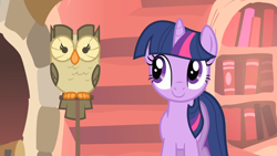 Size: 1366x768 | Tagged: safe, screencap, character:owlowiscious, character:twilight sparkle, character:twilight sparkle (unicorn), species:pony, species:unicorn, episode:owl's well that ends well, g4, my little pony: friendship is magic, golden oaks library