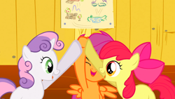 Size: 1366x768 | Tagged: safe, screencap, character:apple bloom, character:scootaloo, character:sweetie belle, species:pegasus, species:pony, episode:the show stoppers, g4, my little pony: friendship is magic, cutie mark crusaders, hoofbump