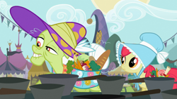 Size: 1366x768 | Tagged: safe, screencap, character:apple bloom, character:granny smith, species:earth pony, species:pony, episode:family appreciation day, g4, my little pony: friendship is magic, apple, banana, bonnet, bread, cabbage, candy, carrot, clothing, female, filly, food, frown, hat, lip bite, lollipop, mare, pot, potato, raised eyebrow, saddle bag, scroll, turnip