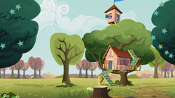Size: 1366x768 | Tagged: safe, screencap, episode:family appreciation day, g4, my little pony: friendship is magic, clubhouse, crusaders clubhouse, flower, no pony, telescope, tree, tree stump, treehouse