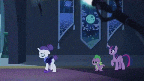 Size: 480x270 | Tagged: safe, screencap, character:rarity, character:spike, character:twilight sparkle, character:twilight sparkle (alicorn), species:alicorn, species:pony, episode:the cutie re-mark, alternate timeline, animated, cute, eyes closed, female, floppy ears, horses doing horse things, jumping, mare, night maid rarity, nightmare takeover timeline, running, sad, twilight's little leap, walking