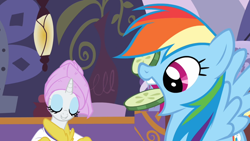 Size: 1600x900 | Tagged: safe, screencap, character:rainbow dash, character:rarity, species:pegasus, species:pony, species:unicorn, episode:ponyville confidential, g4, my little pony: friendship is magic, bathrobe, clothing, cucumber, duo, eating, exploitable, female, mare, open mouth, robe, spa, towel
