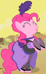 Size: 370x584 | Tagged: safe, screencap, character:pinkie pie, species:earth pony, species:pony, episode:over a barrel, g4, my little pony: friendship is magic, choker, clothing, cropped, dress, eyes closed, female, mare, outfit catalog, rearing, saloon dress, saloon pinkie, solo, stockings, thigh highs, you gotta share