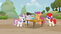 Size: 1366x768 | Tagged: safe, screencap, character:scootaloo, character:sweetie belle, character:truffle shuffle, character:twist, species:earth pony, species:pegasus, species:pony, species:unicorn, episode:family appreciation day, g4, my little pony: friendship is magic, apple, background pony, colt, eyes closed, female, filly, food, jam, male, puffy cheeks, sandwich, zap apple, zap apple jam
